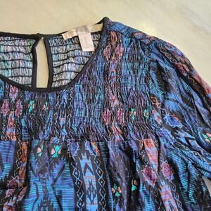 Forever 21 XS‎ Blouse Top Long Sleeve Smocked Bohemian Print Rayon